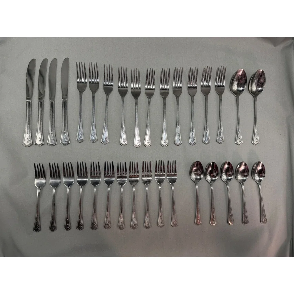 Estia Rosette 33 pc Replacement Flatware Long Stem Rose Beaded Trim Discontinued